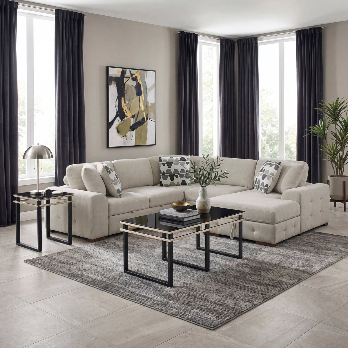 Raife Taupe 4-Piece Sectional with Right Chaise and Pull-out Bed