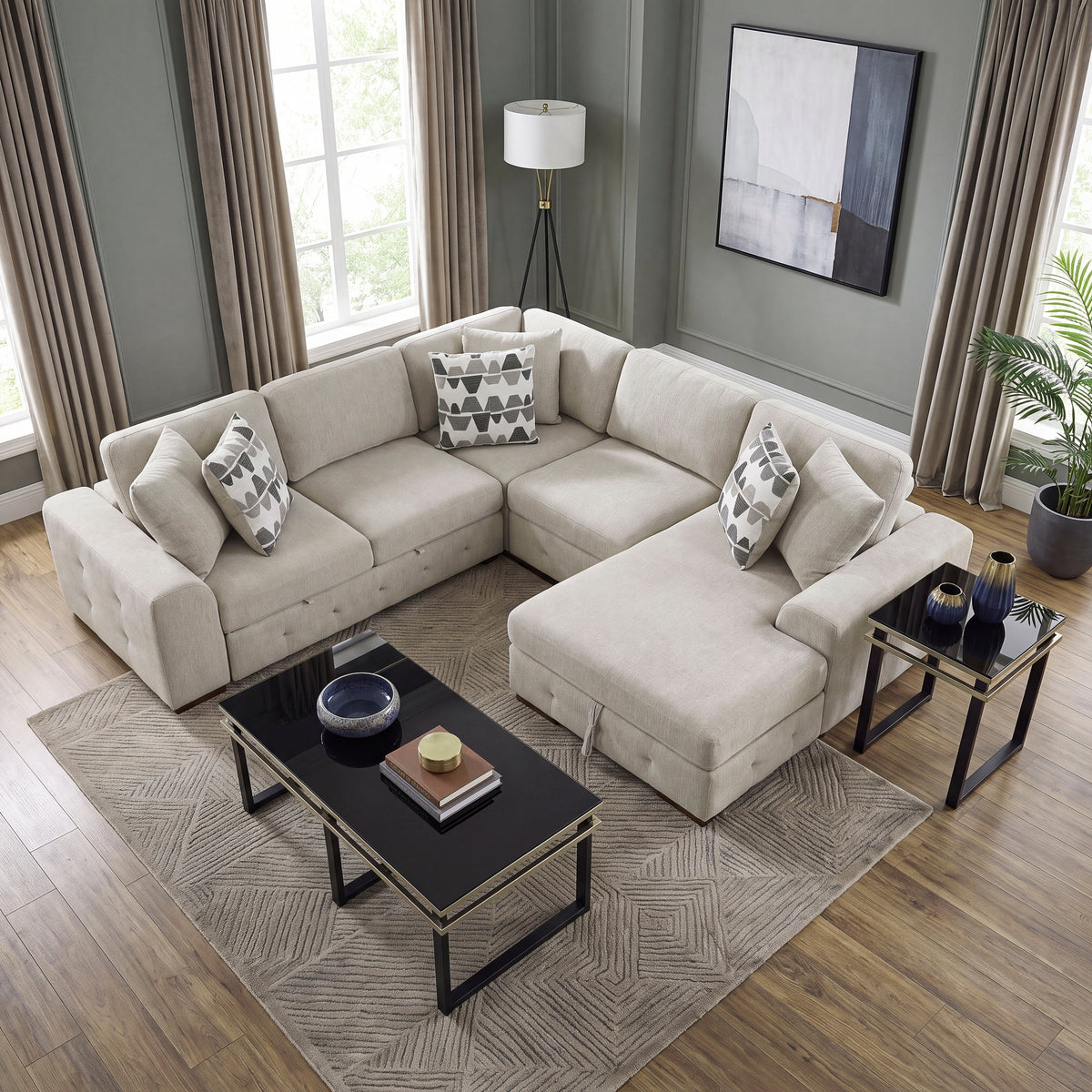 Raife Taupe 4-Piece Sectional with Right Chaise and Pull-out Bed