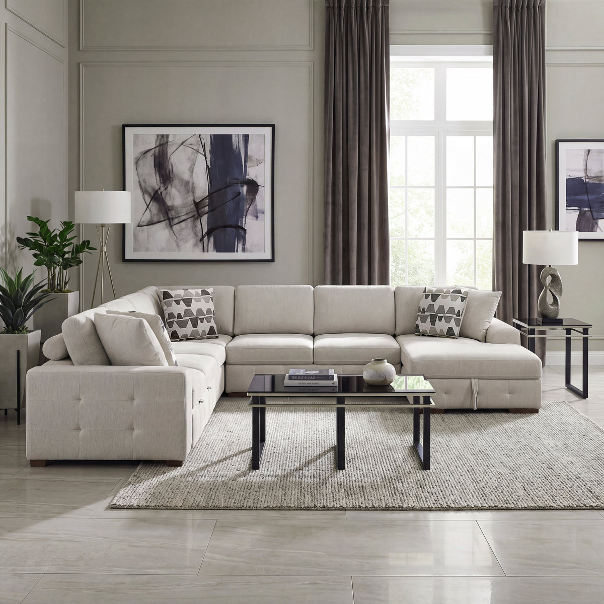 Raife Taupe 5-Piece Right Chaise Sectional with Ottoman