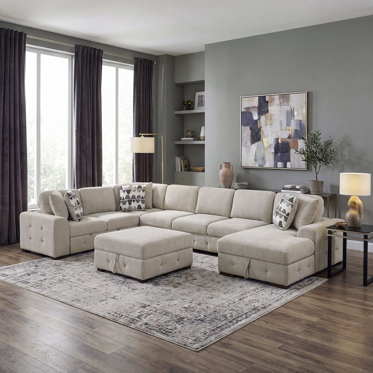 Raife Taupe 5-Piece Right Chaise Sectional with Ottoman