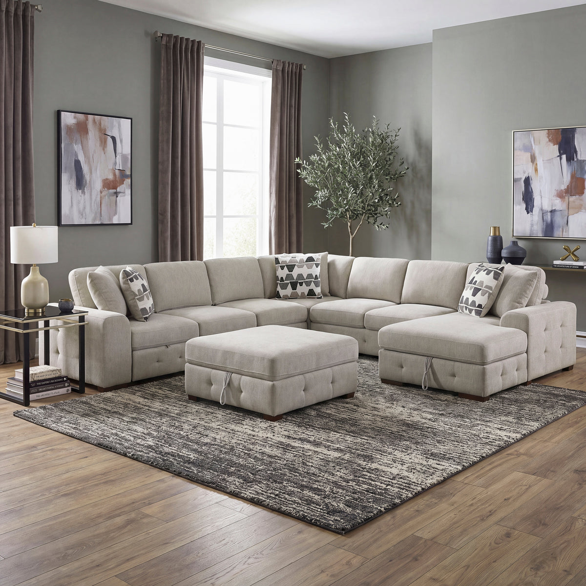 Raife Taupe 5-Piece Right Chaise Sectional with Ottoman