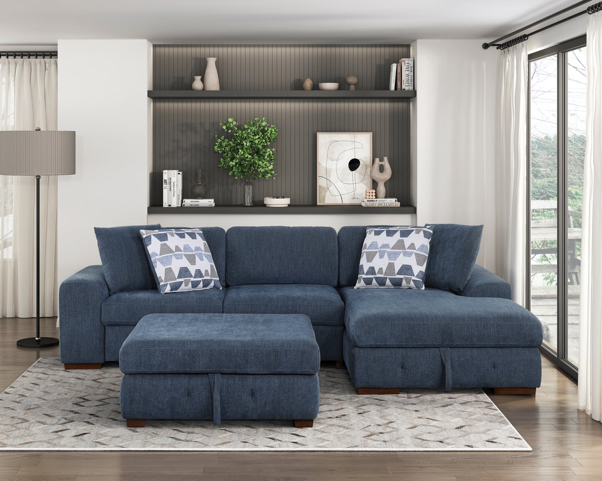 Raife Blue 3-Piece Sectional with Right Chaise and Ottoman from Homelegance - Luna Furniture