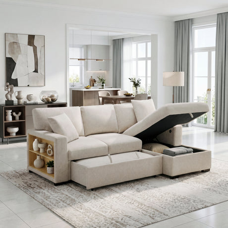 Pompano Beige 2-Piece Sectional with Right Chaise, Pull-out Bed and Hidden Storage, Charging Ports from Homelegance - Luna Furniture