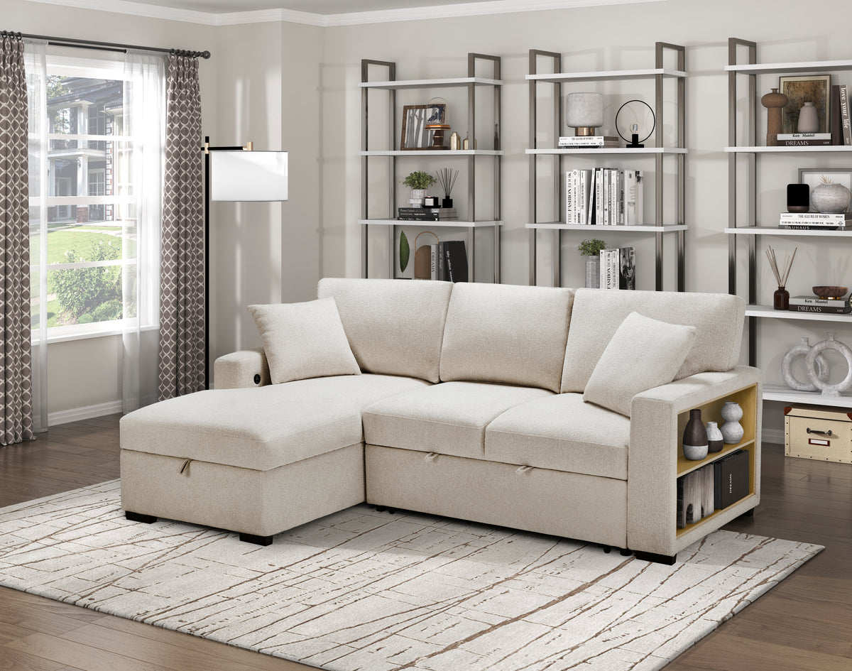 Pompano Beige 3-Piece Sectional with Left Chaise, Pull-out Bed and Hidden Storages, Charging Ports from Homelegance - Luna Furniture