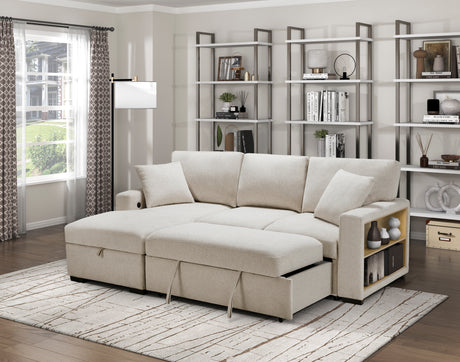 Pompano Beige 3-Piece Sectional with Left Chaise, Pull-out Bed and Hidden Storages, Charging Ports from Homelegance - Luna Furniture