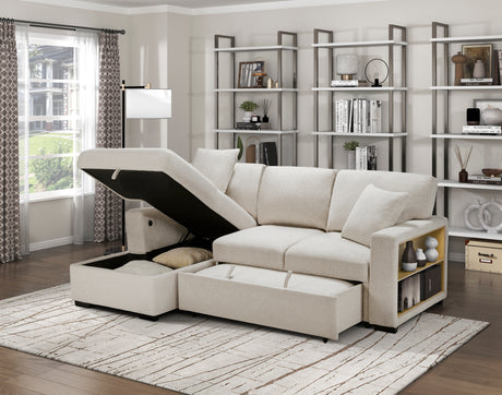 Pompano Beige 3-Piece Sectional with Left Chaise, Pull-out Bed and Hidden Storages, Charging Ports from Homelegance - Luna Furniture