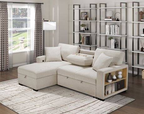 Pompano Beige 3-Piece Sectional with Left Chaise, Pull-out Bed and Hidden Storages, Charging Ports from Homelegance - Luna Furniture