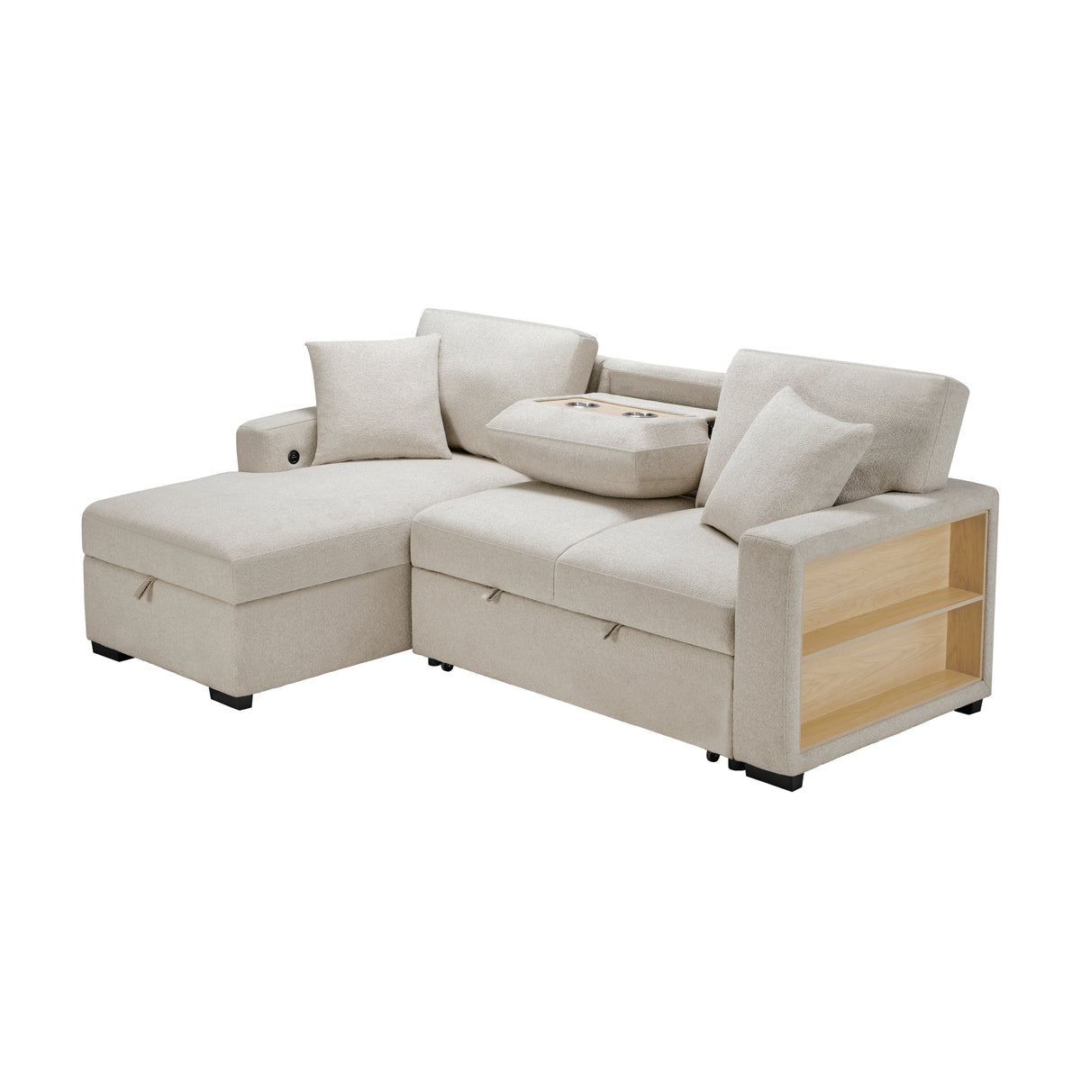 Pompano Beige 3-Piece Sectional with Left Chaise, Pull-out Bed and Hidden Storages, Charging Ports from Homelegance - Luna Furniture