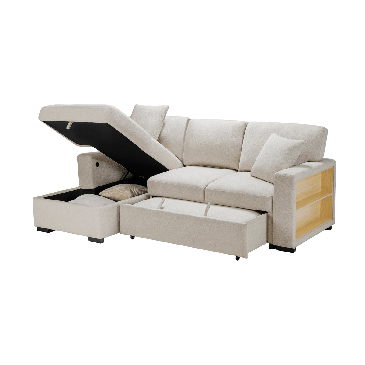 Pompano Beige 3-Piece Sectional with Left Chaise, Pull-out Bed and Hidden Storages, Charging Ports from Homelegance - Luna Furniture