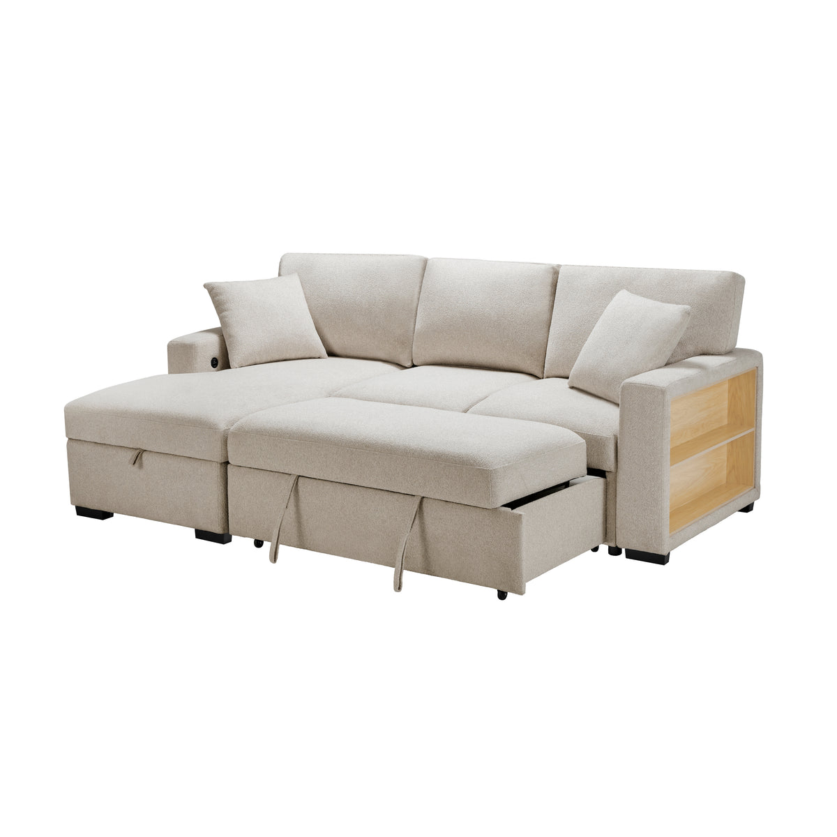 Pompano Beige 3-Piece Sectional with Left Chaise, Pull-out Bed and Hidden Storages, Charging Ports from Homelegance - Luna Furniture