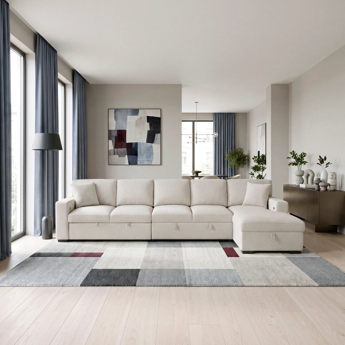 Pompano Beige 3-Piece Sectional with Right Chaise, Pull-out Bed and Hidden Storages, Charging Ports from Homelegance - Luna Furniture