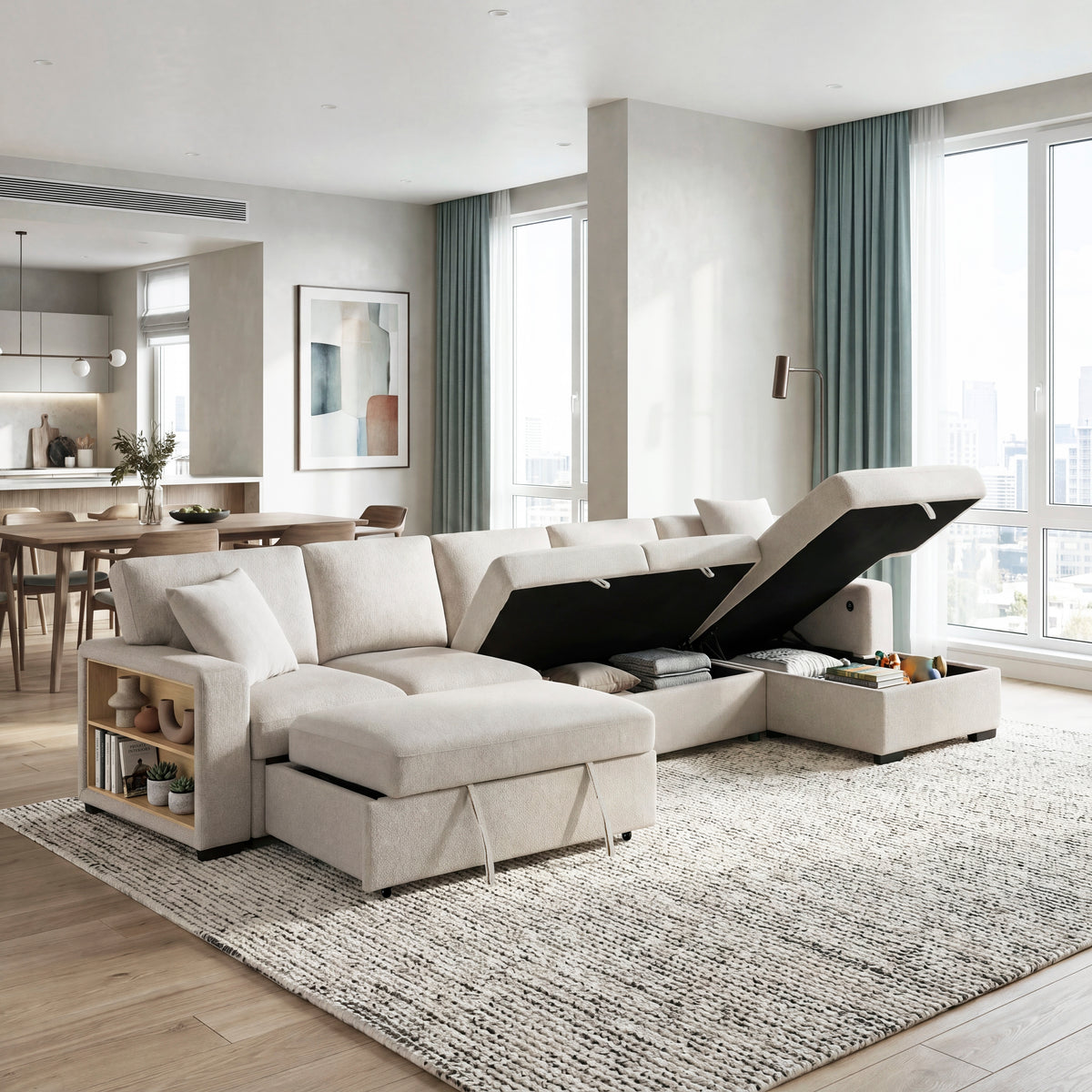 Pompano Beige 3-Piece Sectional with Right Chaise, Pull-out Bed and Hidden Storages, Charging Ports from Homelegance - Luna Furniture