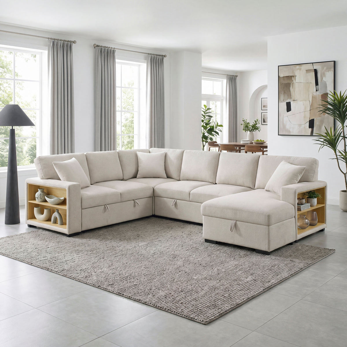 Pompano Beige 4-Piece Sectional with Right Chaise, Pull-out Bed and Hidden Storages, Charging Ports from Homelegance - Luna Furniture