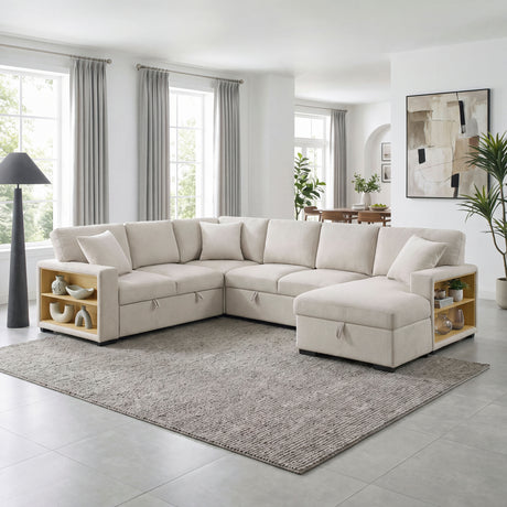 Pompano Beige 4-Piece Sectional with Right Chaise, Pull-out Bed and Hidden Storages, Charging Ports from Homelegance - Luna Furniture