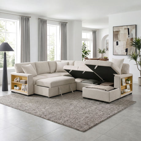 Pompano Beige 4-Piece Sectional with Right Chaise, Pull-out Bed and Hidden Storages, Charging Ports from Homelegance - Luna Furniture