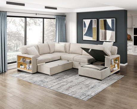 Pompano Beige 4-Piece Sectional with Left Chaise, Pull-out Bed and Hidden Storages, Charging Ports from Homelegance - Luna Furniture