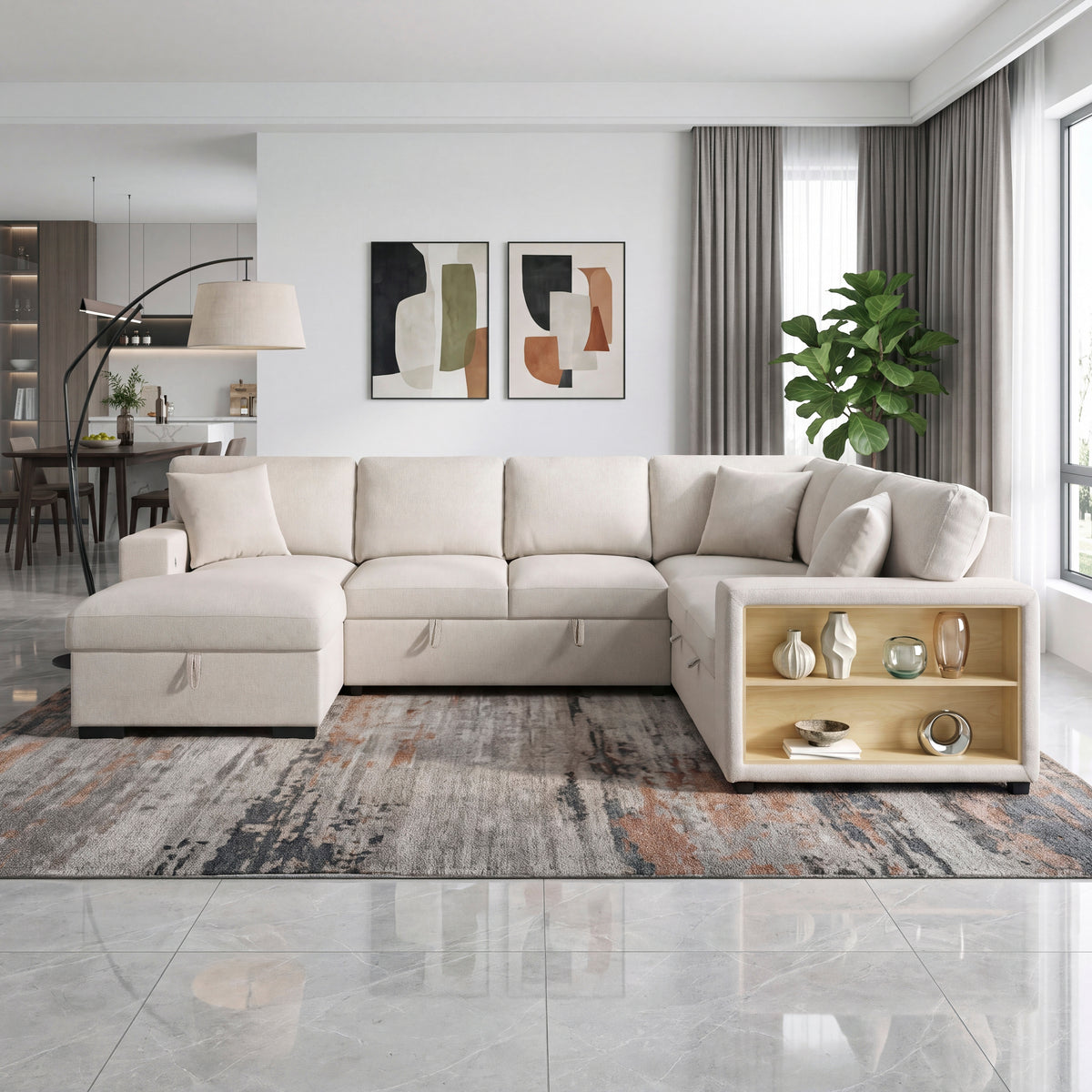 Pompano Beige 4-Piece Sectional with Left Chaise, Pull-out Bed and Hidden Storages, Charging Ports from Homelegance - Luna Furniture