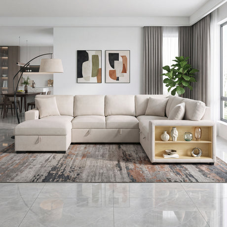 Pompano Beige 4-Piece Sectional with Left Chaise, Pull-out Bed and Hidden Storages, Charging Ports from Homelegance - Luna Furniture