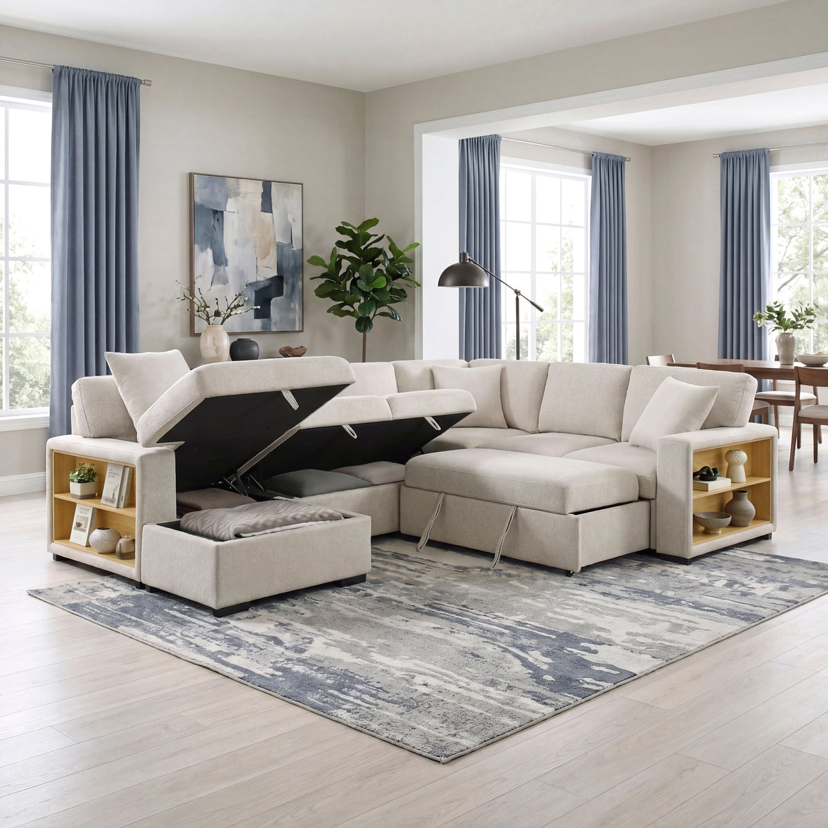 Pompano Beige 4-Piece Sectional with Left Chaise, Pull-out Bed and Hidden Storages, Charging Ports from Homelegance - Luna Furniture