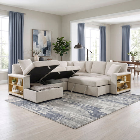 Pompano Beige 4-Piece Sectional with Left Chaise, Pull-out Bed and Hidden Storages, Charging Ports from Homelegance - Luna Furniture
