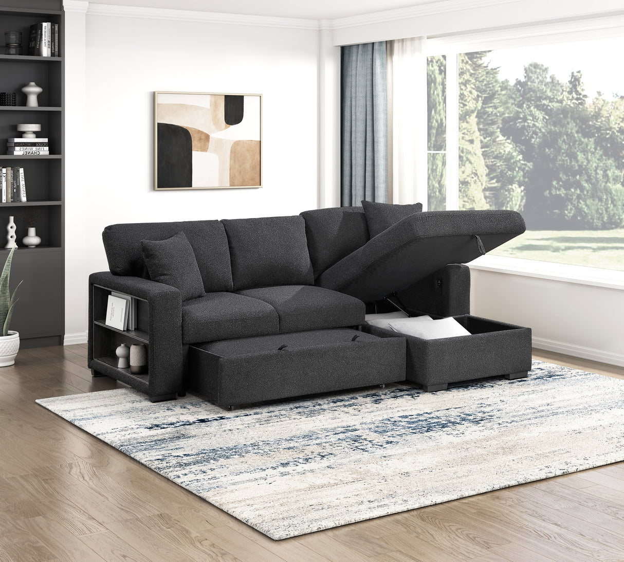 9630BK*22LRC (2)SECTIONAL WITH RIGHT CHAISE, PULL-OUT BED, HIDDEN STORAGE AND SHELVES, CHARGING PORTS from Homelegance - Luna Furniture