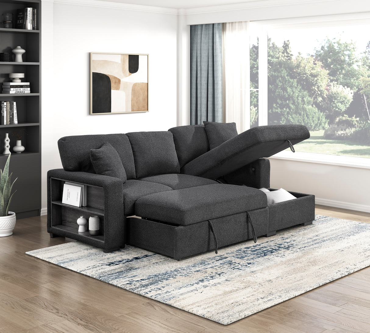 9630BK*22LRC (2)SECTIONAL WITH RIGHT CHAISE, PULL-OUT BED, HIDDEN STORAGE AND SHELVES, CHARGING PORTS from Homelegance - Luna Furniture