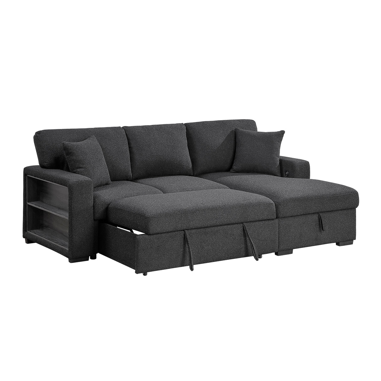 9630BK*22LRC (2)SECTIONAL WITH RIGHT CHAISE, PULL-OUT BED, HIDDEN STORAGE AND SHELVES, CHARGING PORTS from Homelegance - Luna Furniture