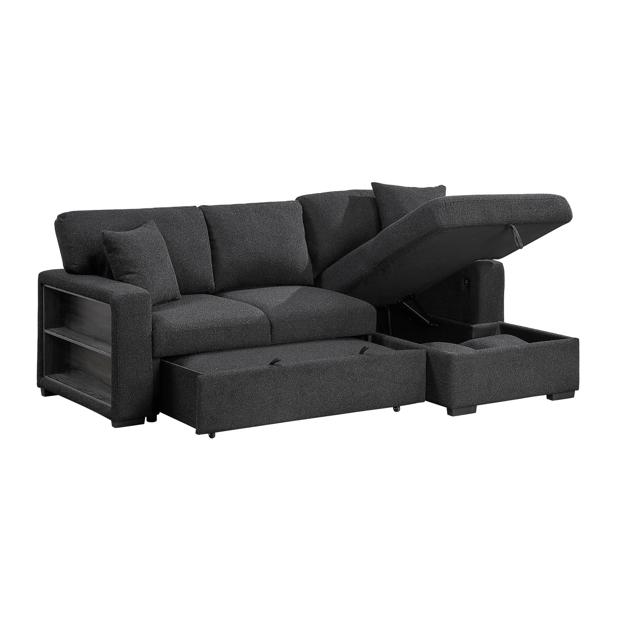 9630BK*22LRC (2)SECTIONAL WITH RIGHT CHAISE, PULL-OUT BED, HIDDEN STORAGE AND SHELVES, CHARGING PORTS from Homelegance - Luna Furniture