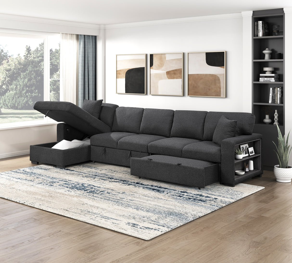 9630BK*3LC2R (3)SECTIONAL WITH LEFT CHAISE, PULL-OUT BED, HIDDEN STORAGES AND SHELVES, CHARGING PORTS from Homelegance - Luna Furniture