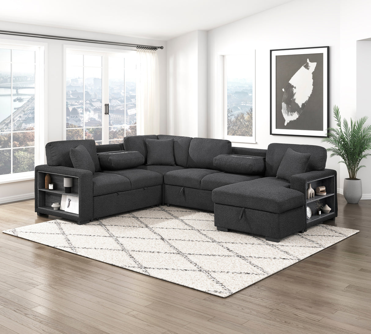 9630BK*42LRC (4)SECTIONAL WITH RIGHT CHAISE, PULL-OUT BED, HIDDEN STORAGES AND SHELVES, CHARGING PORTS from Homelegance - Luna Furniture