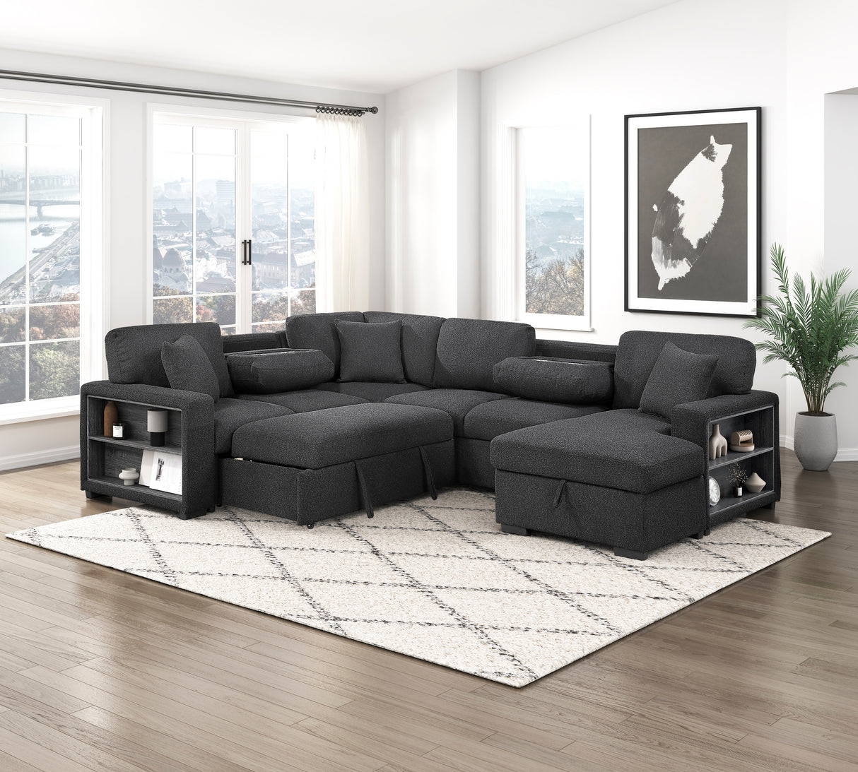 9630BK*42LRC (4)SECTIONAL WITH RIGHT CHAISE, PULL-OUT BED, HIDDEN STORAGES AND SHELVES, CHARGING PORTS from Homelegance - Luna Furniture