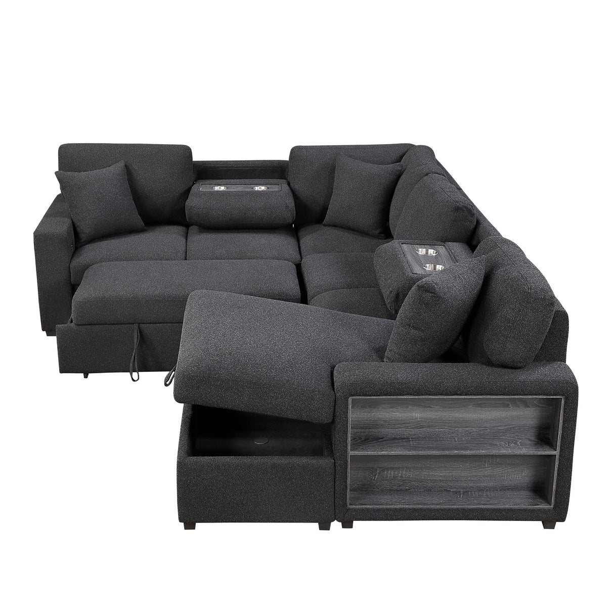 9630BK*42LRC (4)SECTIONAL WITH RIGHT CHAISE, PULL-OUT BED, HIDDEN STORAGES AND SHELVES, CHARGING PORTS from Homelegance - Luna Furniture