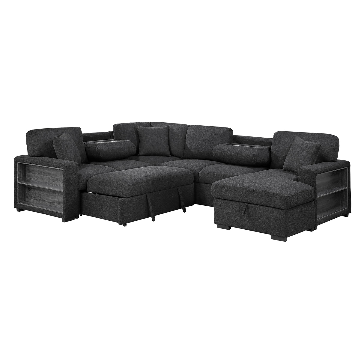 9630BK*42LRC (4)SECTIONAL WITH RIGHT CHAISE, PULL-OUT BED, HIDDEN STORAGES AND SHELVES, CHARGING PORTS from Homelegance - Luna Furniture