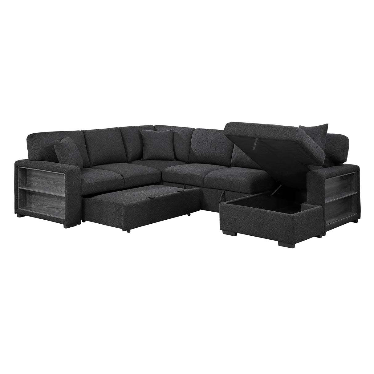 9630BK*42LRC (4)SECTIONAL WITH RIGHT CHAISE, PULL-OUT BED, HIDDEN STORAGES AND SHELVES, CHARGING PORTS from Homelegance - Luna Furniture