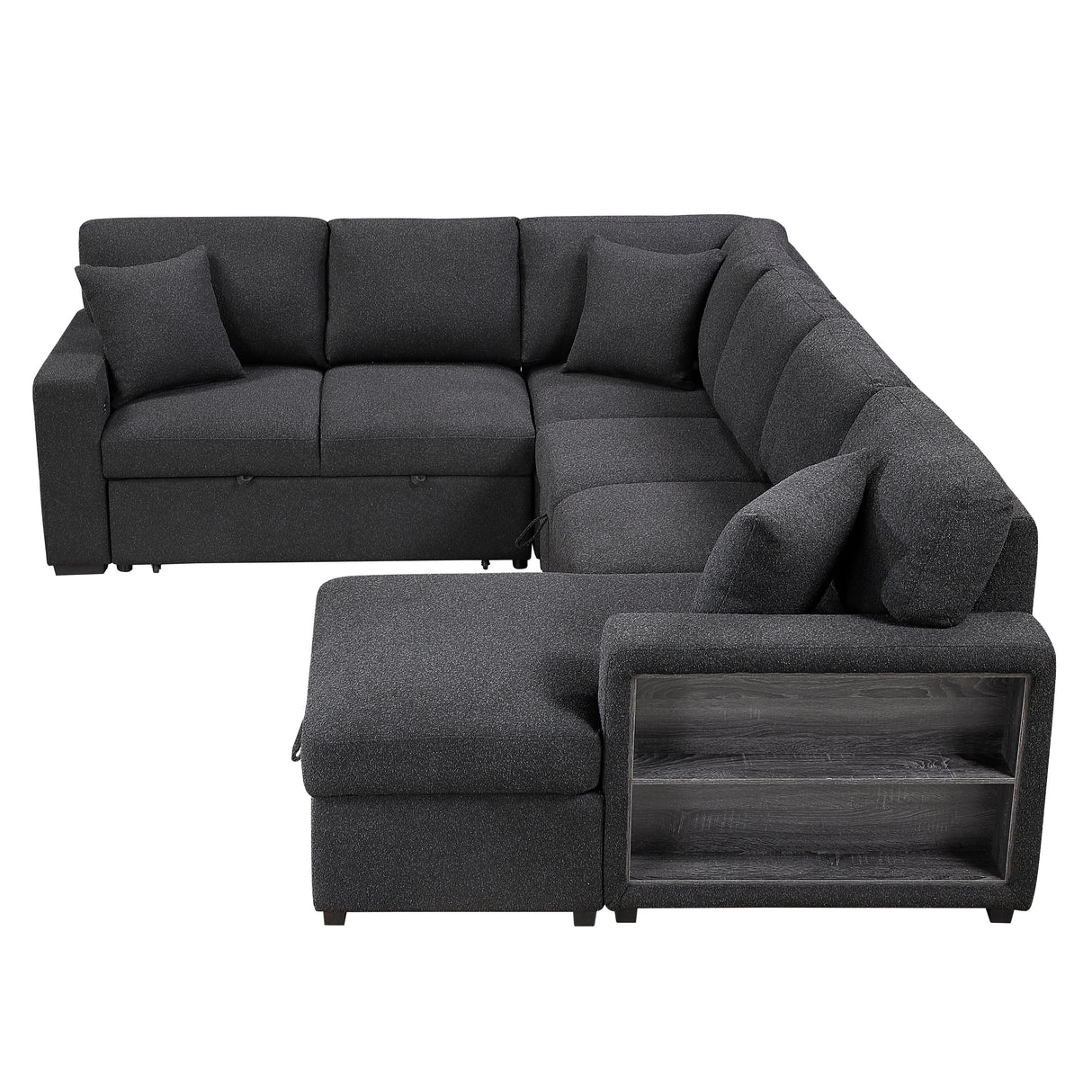 9630BK*42LRC (4)SECTIONAL WITH RIGHT CHAISE, PULL-OUT BED, HIDDEN STORAGES AND SHELVES, CHARGING PORTS from Homelegance - Luna Furniture