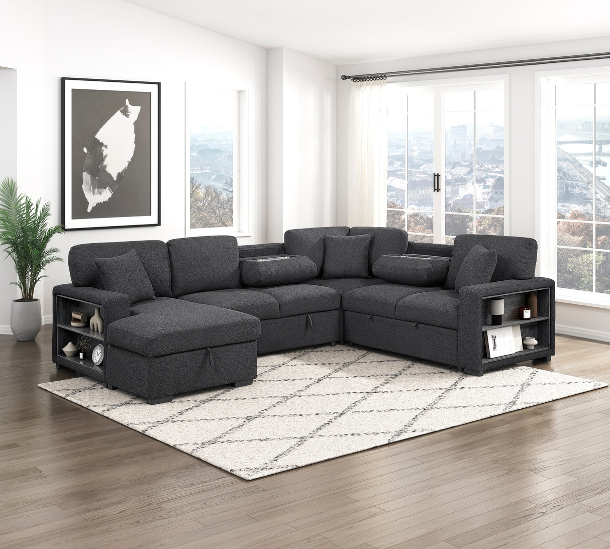 9630BK*4LC2R (4)SECTIONAL WITH LEFT CHAISE, PULL-OUT BED, HIDDEN STORAGES AND SHELVES, CHARGING PORTS from Homelegance - Luna Furniture