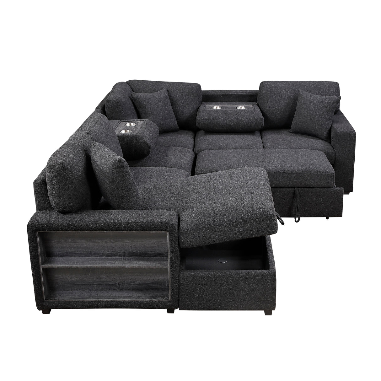 9630BK*4LC2R (4)SECTIONAL WITH LEFT CHAISE, PULL-OUT BED, HIDDEN STORAGES AND SHELVES, CHARGING PORTS from Homelegance - Luna Furniture