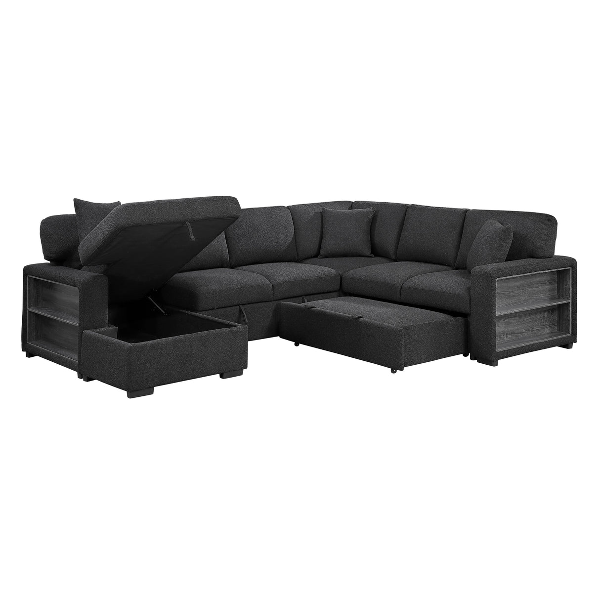 9630BK*4LC2R (4)SECTIONAL WITH LEFT CHAISE, PULL-OUT BED, HIDDEN STORAGES AND SHELVES, CHARGING PORTS from Homelegance - Luna Furniture