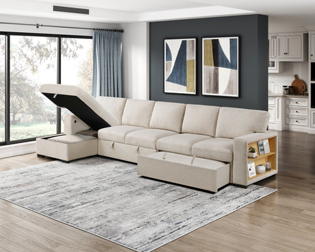 Pompano Beige 3-Piece Sectional with Left Chaise, Pull-out Bed and Hidden Storages, Charging Ports from Homelegance - Luna Furniture