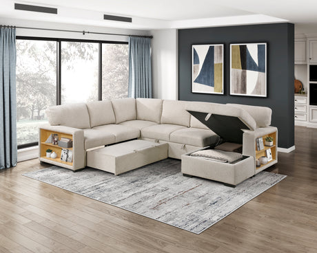 Pompano Beige 4-Piece Sectional with Right Chaise, Pull-out Bed and Hidden Storages, Charging Ports from Homelegance - Luna Furniture
