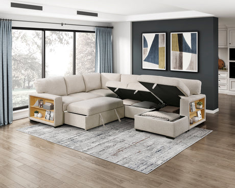 Pompano Beige 4-Piece Sectional with Right Chaise, Pull-out Bed and Hidden Storages, Charging Ports from Homelegance - Luna Furniture