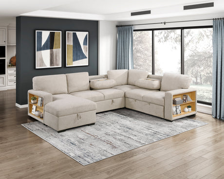 Pompano Beige 4-Piece Sectional with Left Chaise, Pull-out Bed and Hidden Storages, Charging Ports from Homelegance - Luna Furniture