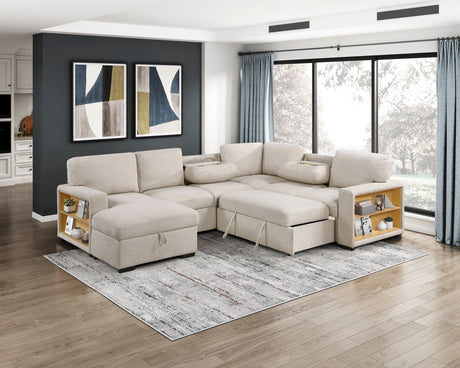Pompano Beige 4-Piece Sectional with Left Chaise, Pull-out Bed and Hidden Storages, Charging Ports from Homelegance - Luna Furniture