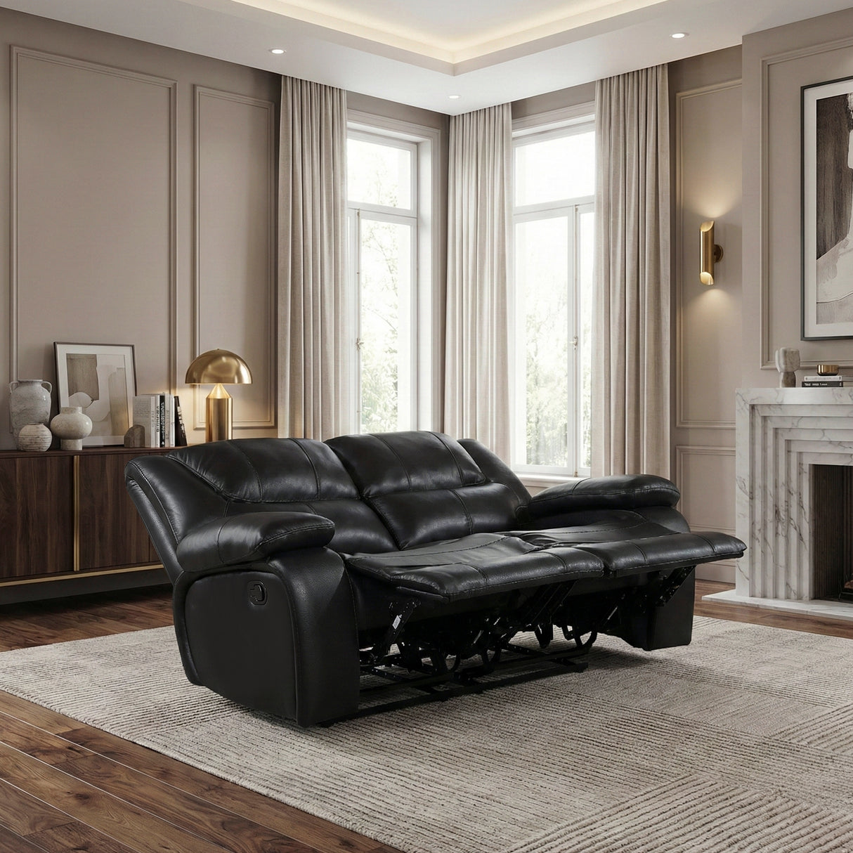 Ellicott Black Genuine Leather Double Reclining Love Seat from Homelegance - Luna Furniture