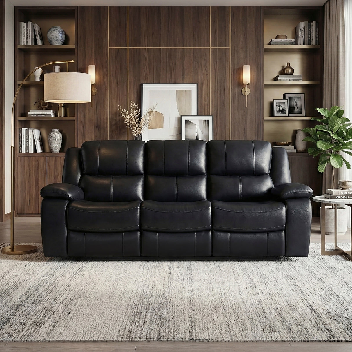Ellicott Black Genuine Leather Double Reclining Sofa from Homelegance - Luna Furniture