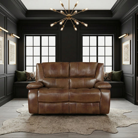 Ellicott Brown Leather Double Reclining Loveseat from Homelegance - Luna Furniture