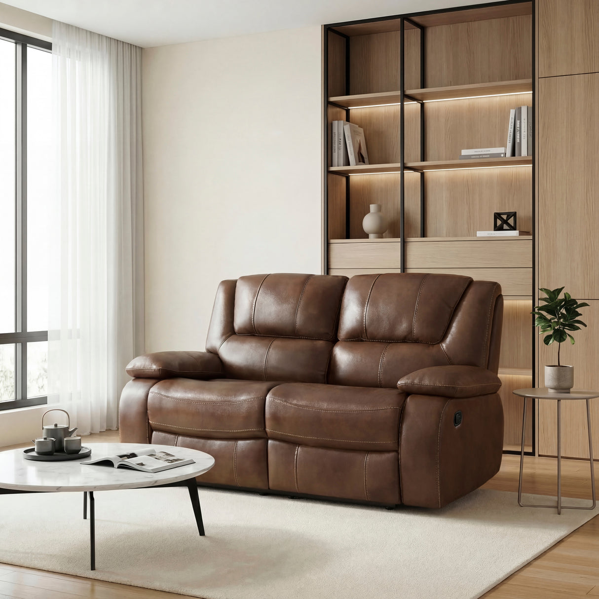 Ellicott Brown Leather Double Reclining Loveseat from Homelegance - Luna Furniture
