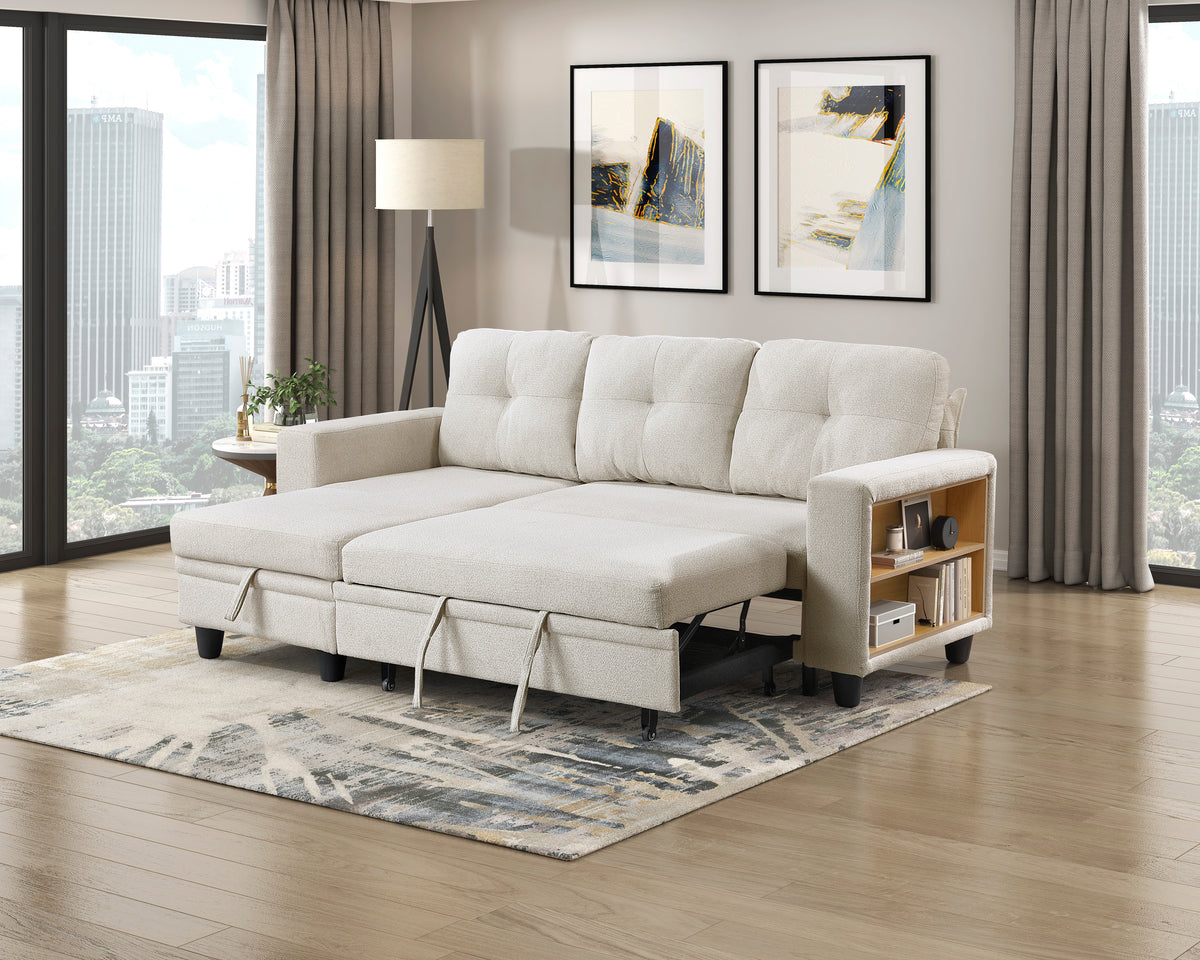 Robinson Beige Sectional with Reversible Chaise, Pull-out Bed, Shelves and Charging Ports from Homelegance - Luna Furniture