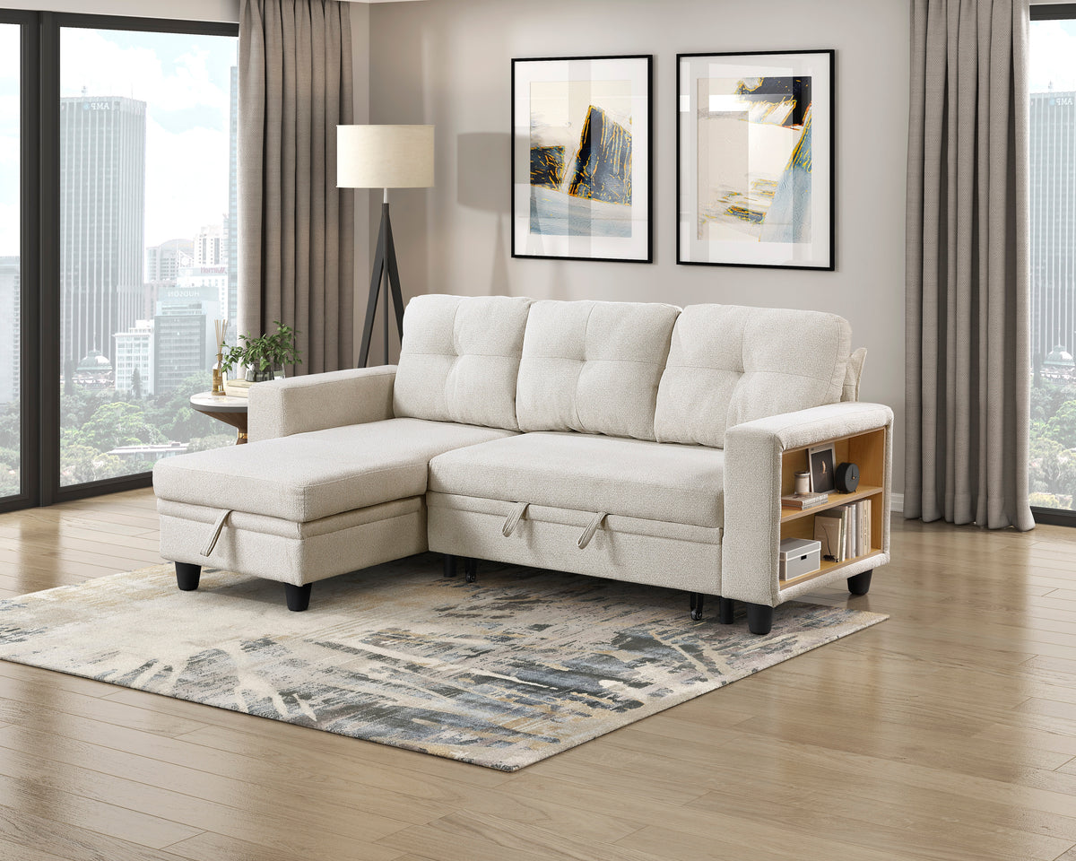 Robinson Beige Sectional with Reversible Chaise, Pull-out Bed, Shelves and Charging Ports from Homelegance - Luna Furniture