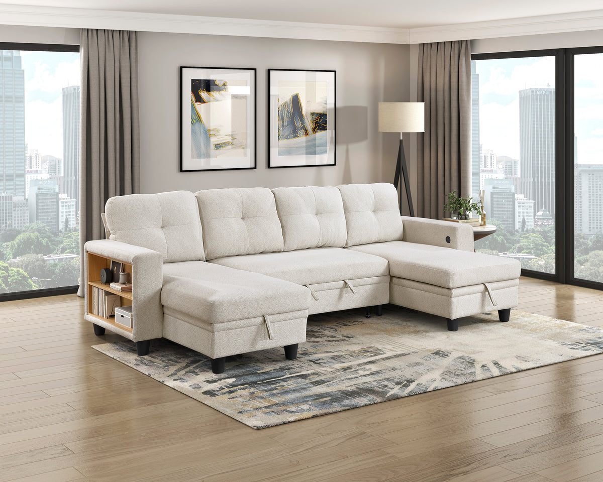 Robinson Beige Sectional with Two Chaises, Pull-out Bed, Shelves and Charging Ports from Homelegance - Luna Furniture